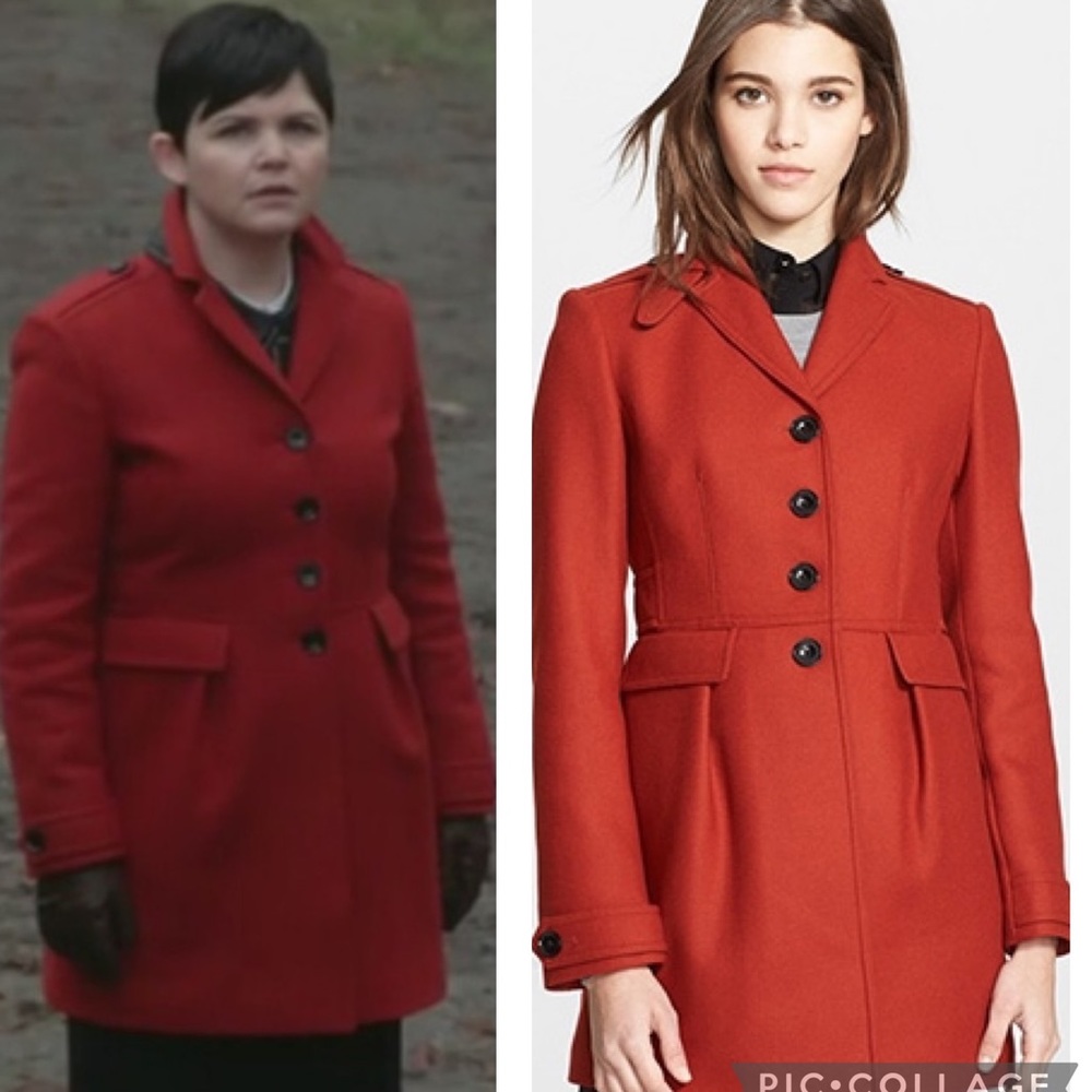 BURBERRY BRIT Red Wool Leather Collar Military Coat US 8 - Picture 2 of 16